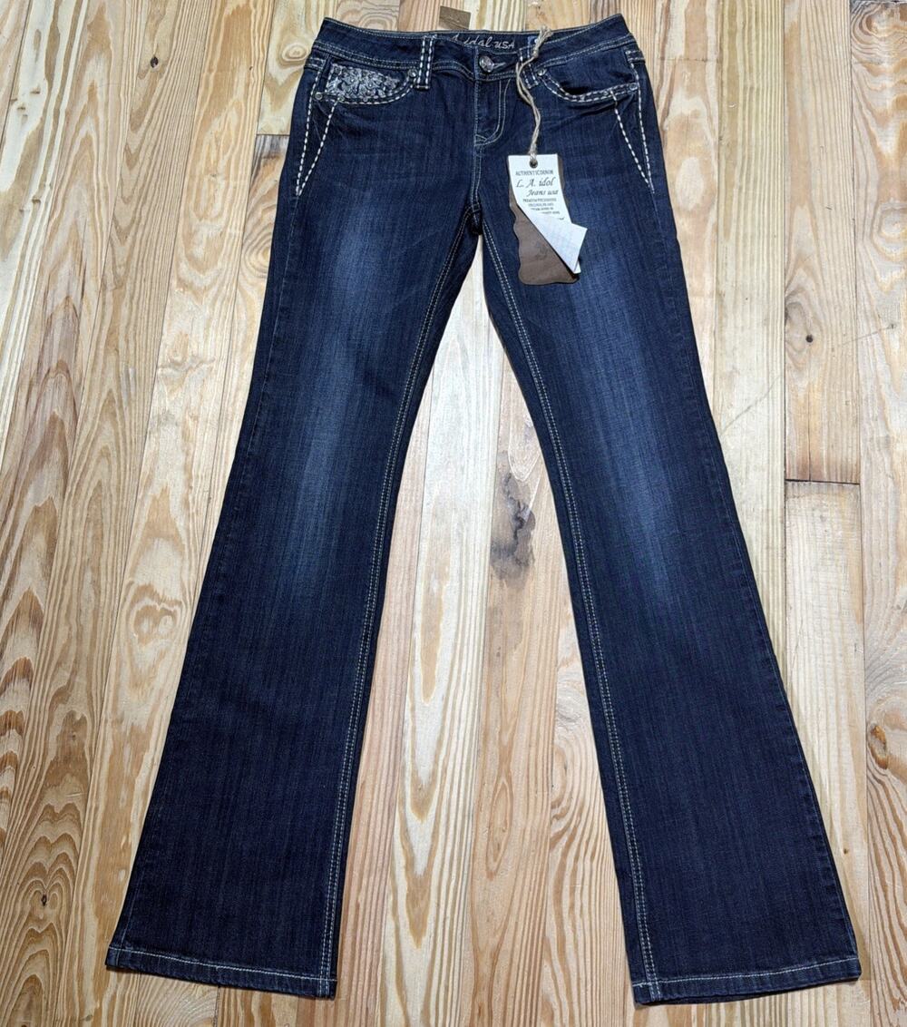 LA Idol Womens 9 Thick Stitch Blue Embellished Flap Bootcut Mid Rise Jeans NWT